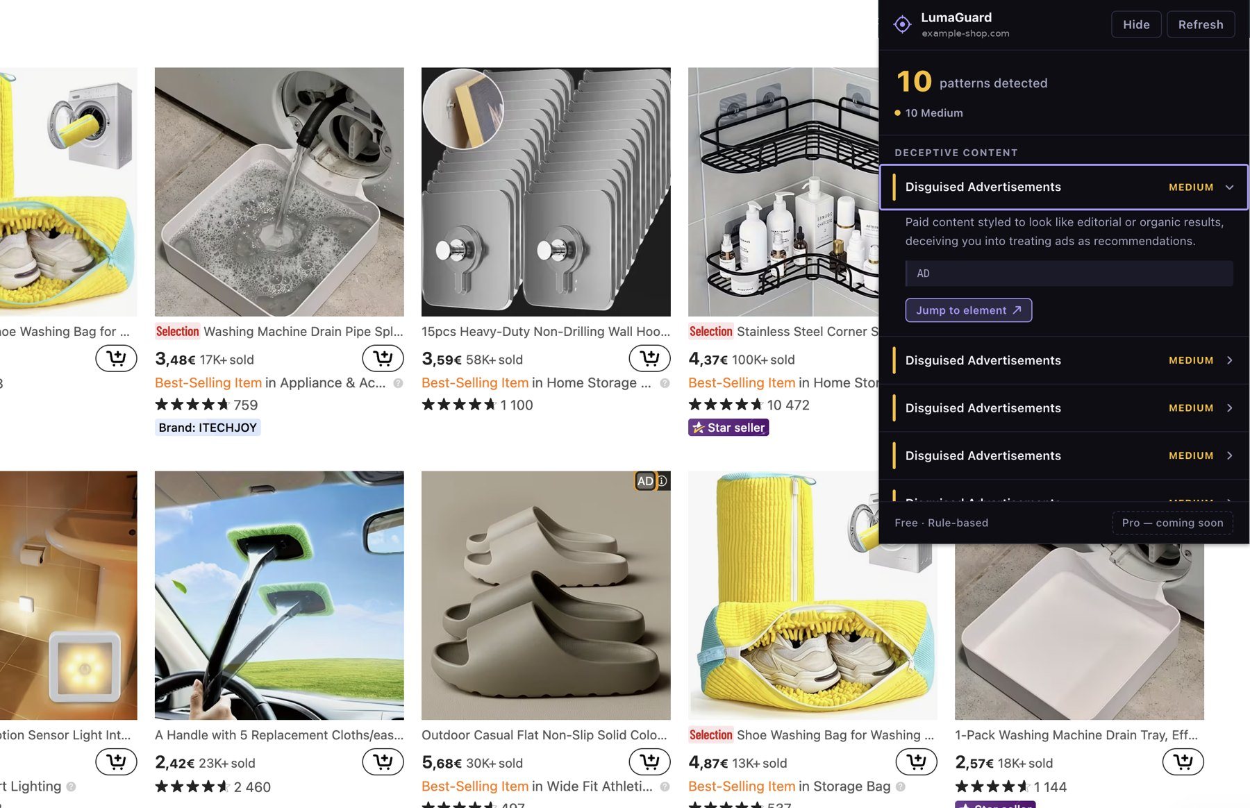 LumaGuard open on a shopping page: the panel reports 10 patterns, all Medium, with the first, Disguised Advertisements, expanded