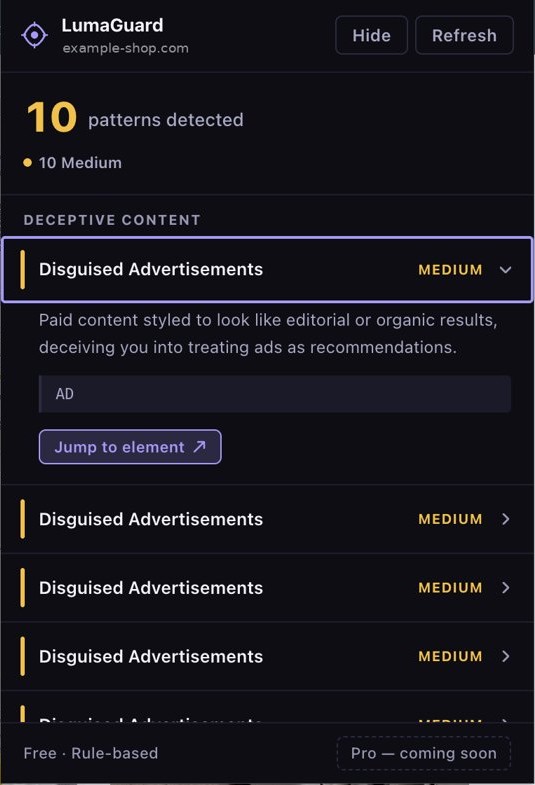 The LumaGuard panel: header with Hide and Refresh, a summary of 10 patterns, the Deceptive content category, a Medium severity issue expanded with its explanation, matched evidence and a Jump to element button, and a Rule-based footer