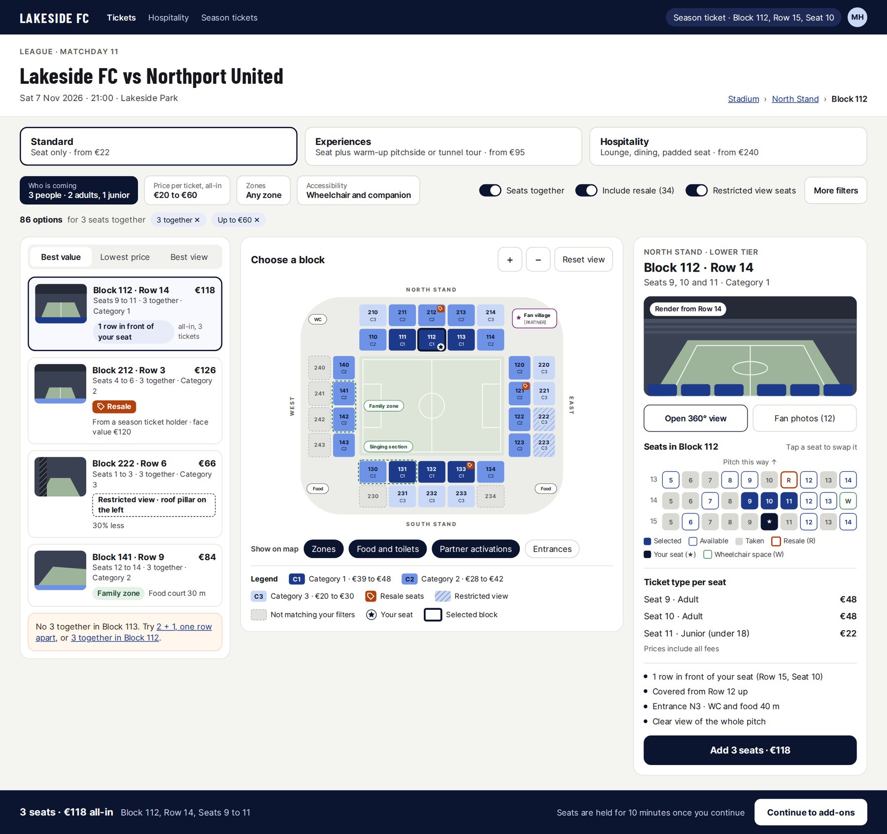 My concept for a fictional club, Lakeside FC: match details in text, who is coming and all-in price filters, a ranked list of seats beside a labelled 2D stadium map with legend, and a seat panel with a view from the row and a basket bar