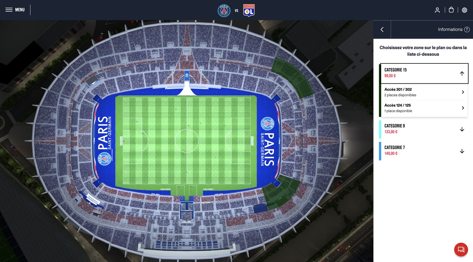 PSG’s live seat selection for PSG vs Olympique Lyonnais: a 3D night render of the stadium with a category list on the right